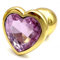 Золотая металлическая анальная пробка с нежно-розовым камушком в виде сердечка L