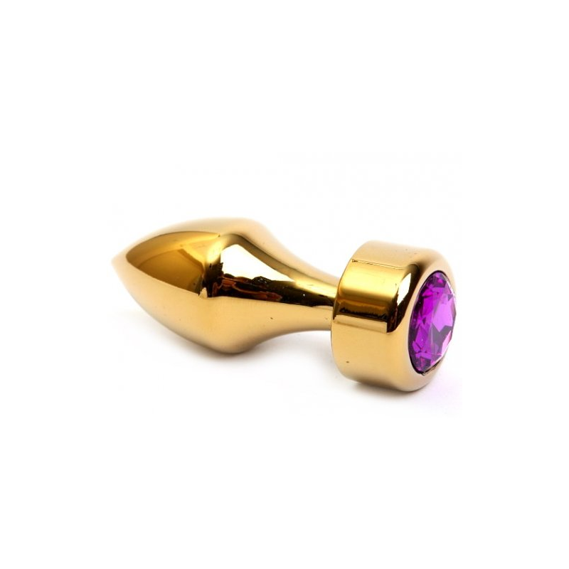 Золотая металлическая анальная пробка с фиолетовым стразом, размер S
