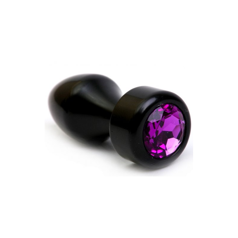 Черная металлическая анальная пробка-конус с фиолетовым стразом, размер S