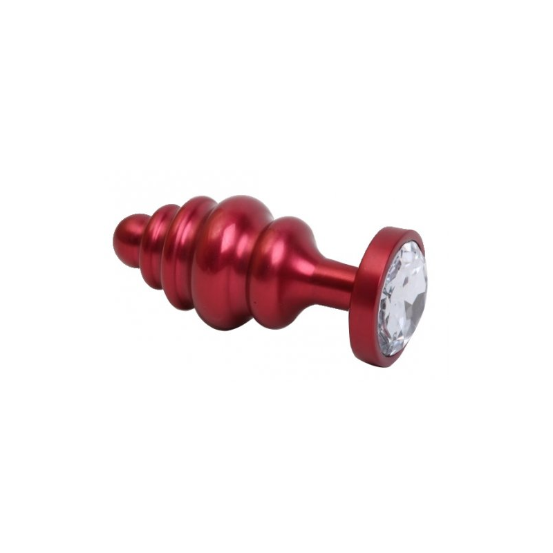 Красная рифленая анальная пробка с прозрачным стразом S