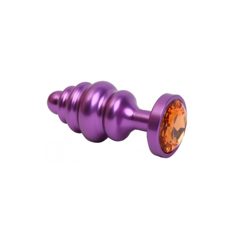 Фиолетовая рифленая анальная пробка с оранжевым стразом S