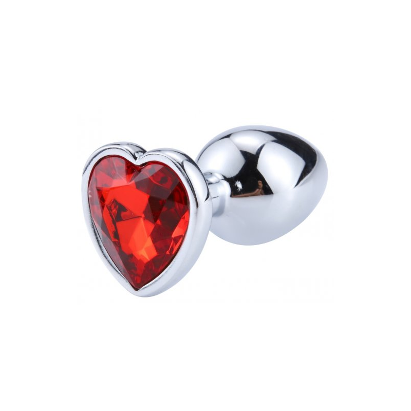 Серебряная анальная пробка с красным камушком в виде сердечка L