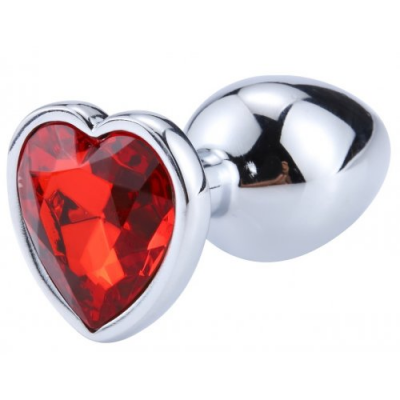 Серебряная анальная пробка с красным камушком в виде сердечка L