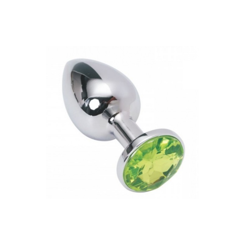Металлическая анальная пробка с салатовым камушком L