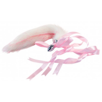 Металлическая анальная проба с белым хвостом и розовыми лентами