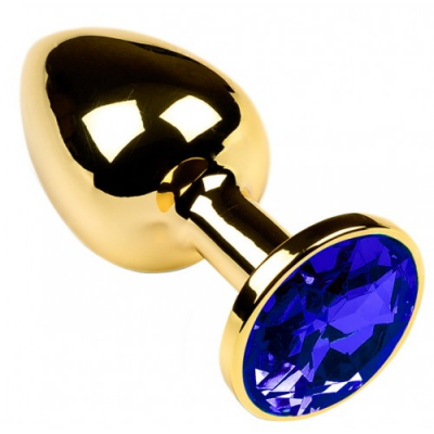 Золотая металлическая анальная пробка с камушком синего цвета M