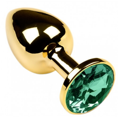 Золотая металлическая анальная пробка с камушком зеленого цвета L