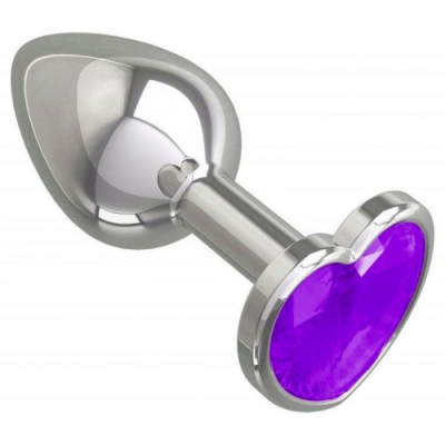 Металлическая анальная пробка с фиолетовым камушком в виде сердечка S