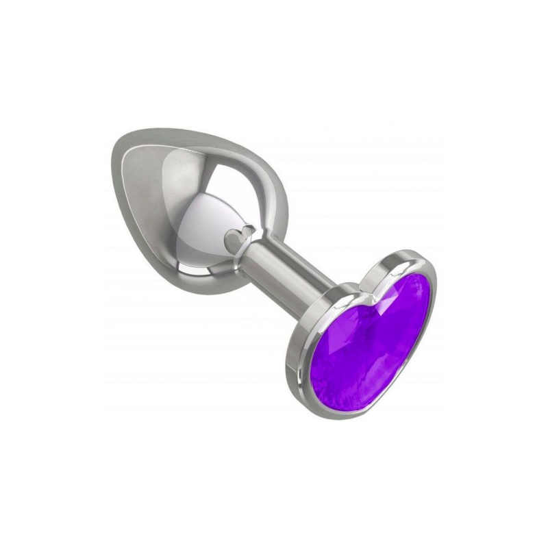 Металлическая анальная пробка с фиолетовым камушком в виде сердечка M