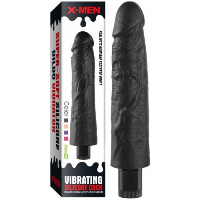 Реалистичный черный вибратор с рельефным стволом X-Men Vibrating Siliсone Cock 18 см