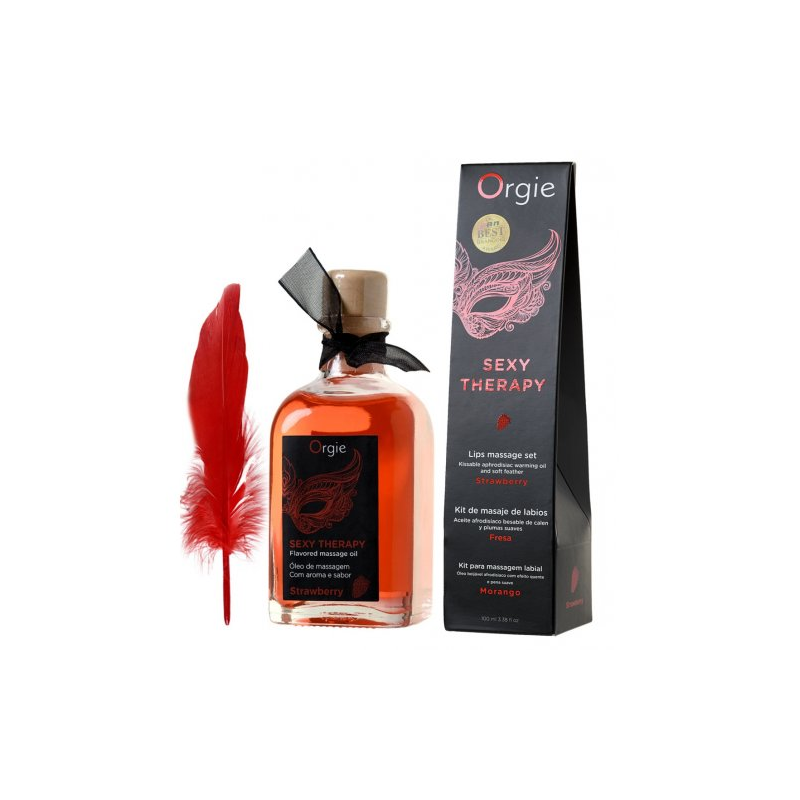 Комплект для сладких игр Orgie Lips Massage со вкусом клубники (сладкое массажное масло и перо), 100 мл