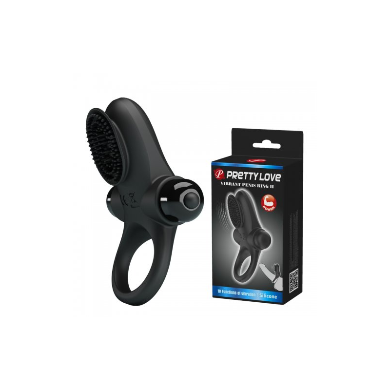 Эрекционное кольцо Pretty Love Vibrant Penis Ring II с клиторальной вибро-щеточкой черное