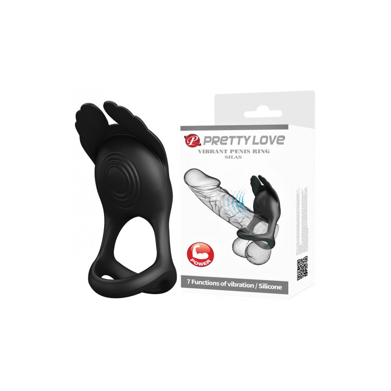 Перезаряжаемое эрекционное виброкольцо Pretty Love Vibrant Penis Ring Silas с петлей на мошонку черное