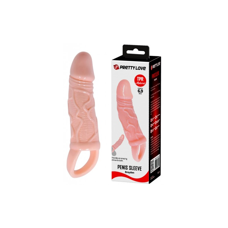 Увеличивающая насадка на пенис с петлей под мошонку телесного цвета Penis Sleeve Brayden + 3 см