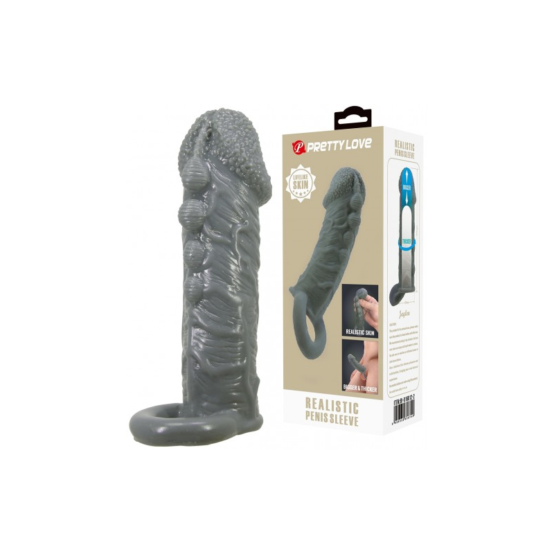 Увеличивающая насадка на пенис со стимулирующим рельефом Realistic Penis Sleeve + 3 см серая