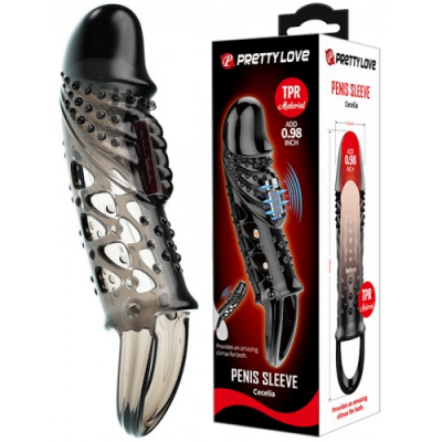 Увеличивающая вибронасадка на пенис с петлей под мошонку черного цвета Penis Sleeve Cecelia + 2,5 см