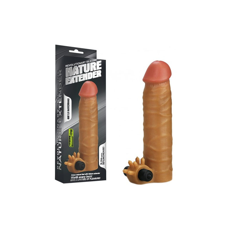 Насадка на пенис с вибрацией Revolutionary Silicone Nature Extender мулат + 4 см к длине