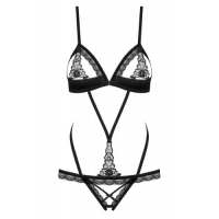 Эротичное черное боди с декоративными лентами и пикантным доступом S/M